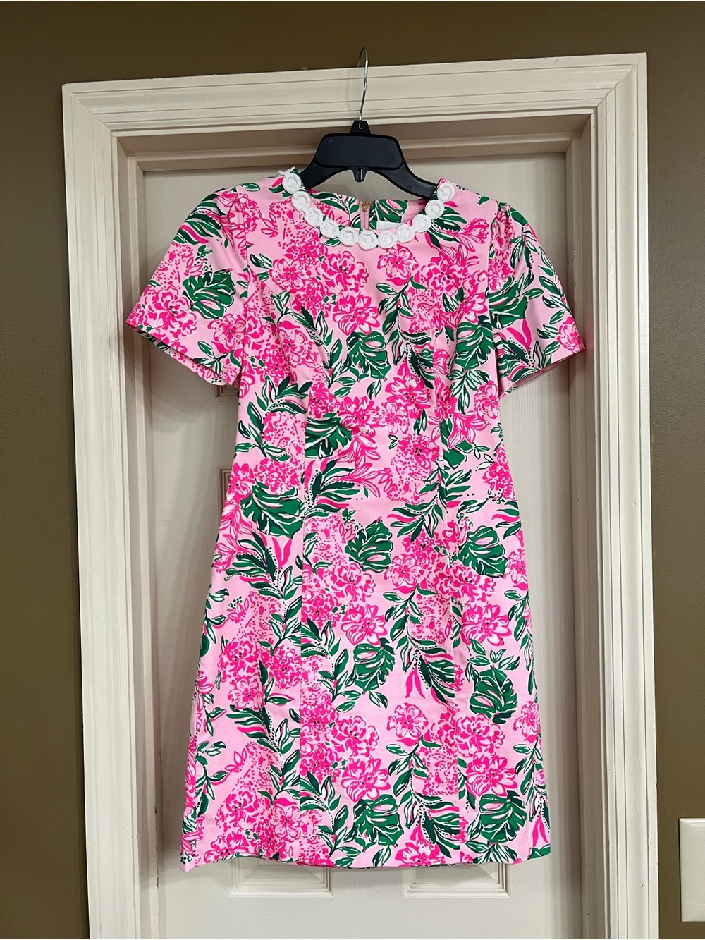 Lilly Pulitzer Pink Floral Shift Dress with Green Leaf Print and White Trim